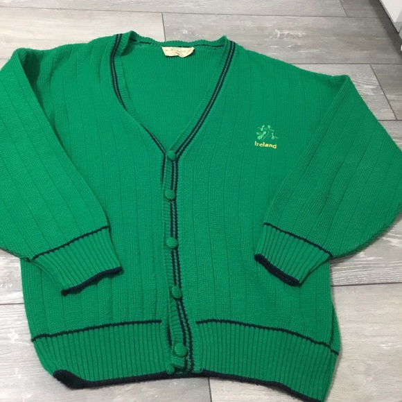 Vintage IRELAND Shamrock Green Acrylic Cardigan Quills Woollen Market L - Picture 10 of 10